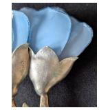 MB - Vintage Fabrice Paris Floral Brooch - Blue Enamel Petals with Silver Leaves