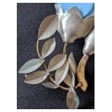 MB - Vintage Fabrice Paris Floral Brooch - Blue Enamel Petals with Silver Leaves