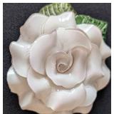 MB - Fabrice Paris Rose Brooch - White Enamel Rose with Green Leaves