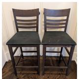 K - Pair Dark Wood Counter-Height Stools - Black Cushioned Seats