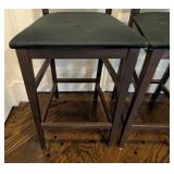 K - Pair Dark Wood Counter-Height Stools - Black Cushioned Seats