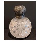 MB - Antique Sterling Silver Top Crystal Bottle - Diamond-Cut Glass