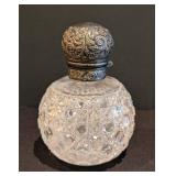 MB - Antique Sterling Silver Top Crystal Bottle - Diamond-Cut Glass