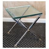 MB - Vintage Glass-Top Side Table with X-Frame Chrome Base