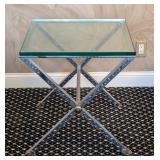 MB - Vintage Glass-Top Side Table with X-Frame Chrome Base