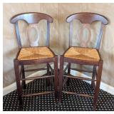 MB - Pair of Counter Height Stools - Dark Wood, Woven Rush Seats, 18 in W x 15 in D