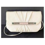 MB - Judith Leiber Ivory Lizard-Embossed Clutch with Pink Stone Bar and Green Accents