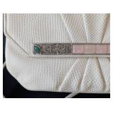 MB - Judith Leiber Ivory Lizard-Embossed Clutch with Pink Stone Bar and Green Accents