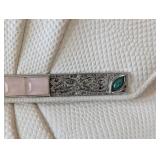 MB - Judith Leiber Ivory Lizard-Embossed Clutch with Pink Stone Bar and Green Accents