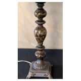MB - Antique-Style Table Lamp, 28in H, Beige Shade, Ornate Bronze Base