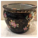 DR - Asian Floral Ceramic Planter Pot -  Black w/ Gold Accents
