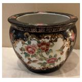 DR - Asian Floral Ceramic Planter Pot -  Black w/ Gold Accents