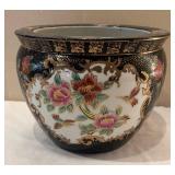 DR - Asian Floral Ceramic Planter Pot -  Black w/ Gold Accents