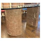 DR - Oval Glass Top Dining Table with Marble-Look Pedestal Bases