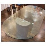 DR - Oval Glass Top Dining Table with Marble-Look Pedestal Bases