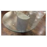 DR - Oval Glass Top Dining Table with Marble-Look Pedestal Bases