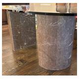 DR - Oval Glass Top Dining Table with Marble-Look Pedestal Bases