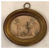 DR - Antique French Oval Cherub Painting in Brass Frame