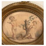 DR - Antique French Oval Cherub Painting in Brass Frame