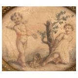 DR - Antique French Oval Cherub Painting in Brass Frame