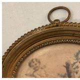 DR - Antique French Oval Cherub Painting in Brass Frame