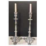 DR - Shabby Chic Candle Holders Pair - Distressed Ornate Bases