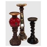 DR - Three Ornate Candle Holders - Red Glass Orb, Mirrored Hex Column and Black Spiral