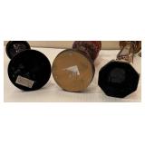 DR - Three Ornate Candle Holders - Red Glass Orb, Mirrored Hex Column and Black Spiral