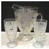 DR - Vintage Jeannette Iris and Herringbone Pattern Glass Pitcher with 2 Stemmed Glasses