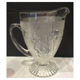 DR - Vintage Jeannette Iris and Herringbone Pattern Glass Pitcher with 2 Stemmed Glasses