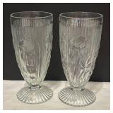 DR - Vintage Jeannette Iris and Herringbone Pattern Glass Pitcher with 2 Stemmed Glasses