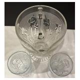 DR - Vintage Jeannette Iris and Herringbone Pattern Glass Pitcher with 2 Stemmed Glasses