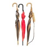 DR - Umbrellas - 3 Vintage with Curved Wood Handles - Beige/Striped & Red Canopy