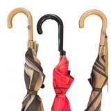 DR - Umbrellas - 3 Vintage with Curved Wood Handles - Beige/Striped & Red Canopy
