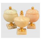 DR - Three Vintage Alabaster Urns with Lids on Marble Bases