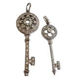 Sterling Silver Key Pendants (Lot of 2) - Filigree Round Dial with Crystals