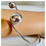 Vintage Sterling Silver Abstract Bracelet - Open Cuff with Ball Ends