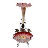 C1 - Victorian-Style Glass Lamp with Pink Ruffled Shade and Hand-Painted Romance Scene