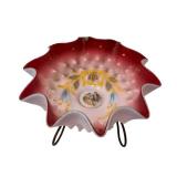 C1 - Victorian-Style Glass Lamp with Pink Ruffled Shade and Hand-Painted Romance Scene