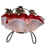 C1 - Victorian-Style Glass Lamp with Pink Ruffled Shade and Hand-Painted Romance Scene