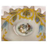 C1 - Victorian-Style Glass Lamp with Pink Ruffled Shade and Hand-Painted Romance Scene