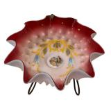 C1 - Victorian-Style Glass Lamp with Pink Ruffled Shade and Hand-Painted Romance Scene