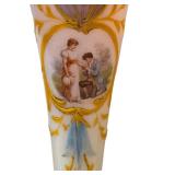 C1 - Victorian-Style Glass Lamp with Pink Ruffled Shade and Hand-Painted Romance Scene