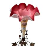 C1 - Victorian-Style Glass Lamp with Pink Ruffled Shade and Hand-Painted Romance Scene