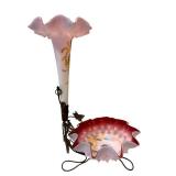 C1 - Victorian-Style Glass Lamp with Pink Ruffled Shade and Hand-Painted Romance Scene