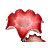 C1 - Victorian-Style Glass Lamp with Pink Ruffled Shade and Hand-Painted Romance Scene