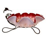 C1 - Victorian-Style Glass Lamp with Pink Ruffled Shade and Hand-Painted Romance Scene