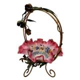 C1 - Antique Victorian Brides Basket - Hand Painted Pink Glass Bowl