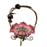 C1 - Antique Victorian Brides Basket - Hand Painted Pink Glass Bowl