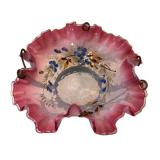 C1 - Antique Victorian Brides Basket - Hand Painted Pink Glass Bowl